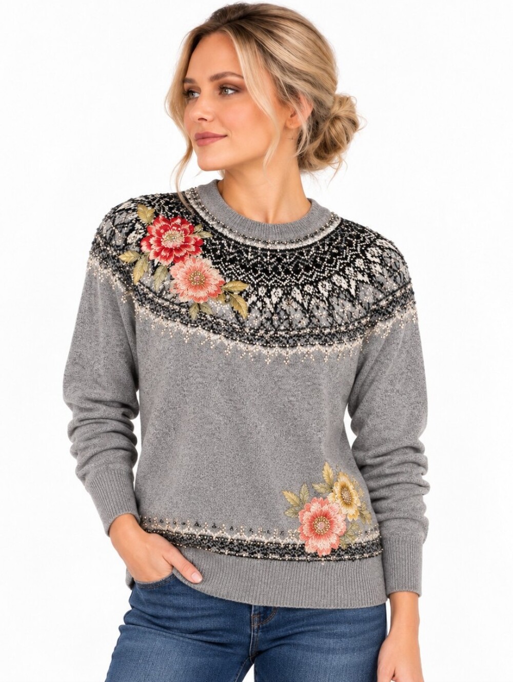 Johnny Was Wool Cashmere Fair Isle Floral Embroidered Sweater Gray L